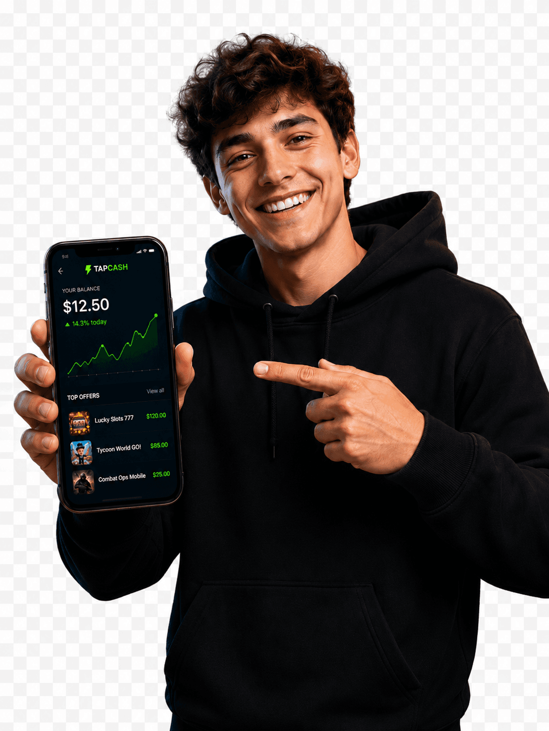 TapCash character holding phone